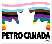 The Petro-Canada logo with the pride rainbow in the background, created by artist Katie Wilhelm
