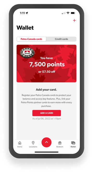 Petro-Canada app wallet with 7,500 points