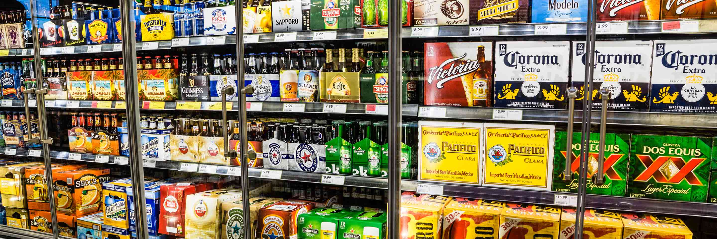 Stacks of beer and wine on shelves