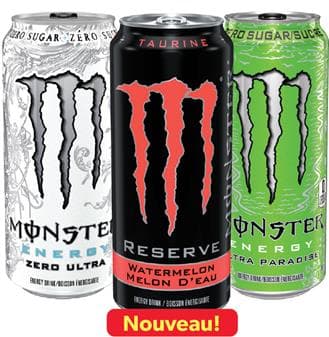 Une photo de 3 canettes de boisson énergisante Monster