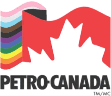 The Petro-Canada logo with the pride rainbow in the background